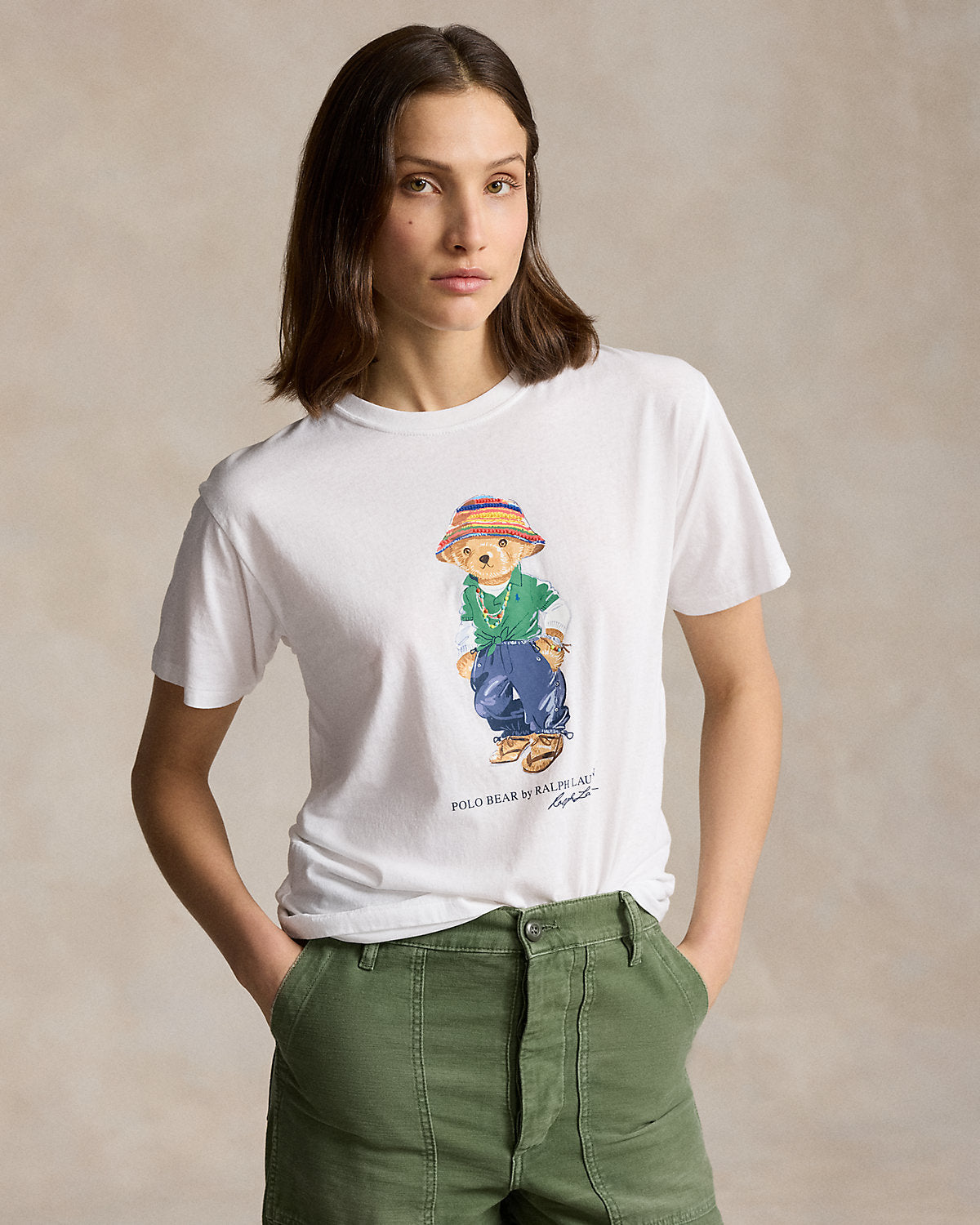 Women TEDDY BEAR T-SHIRT White Green Cap