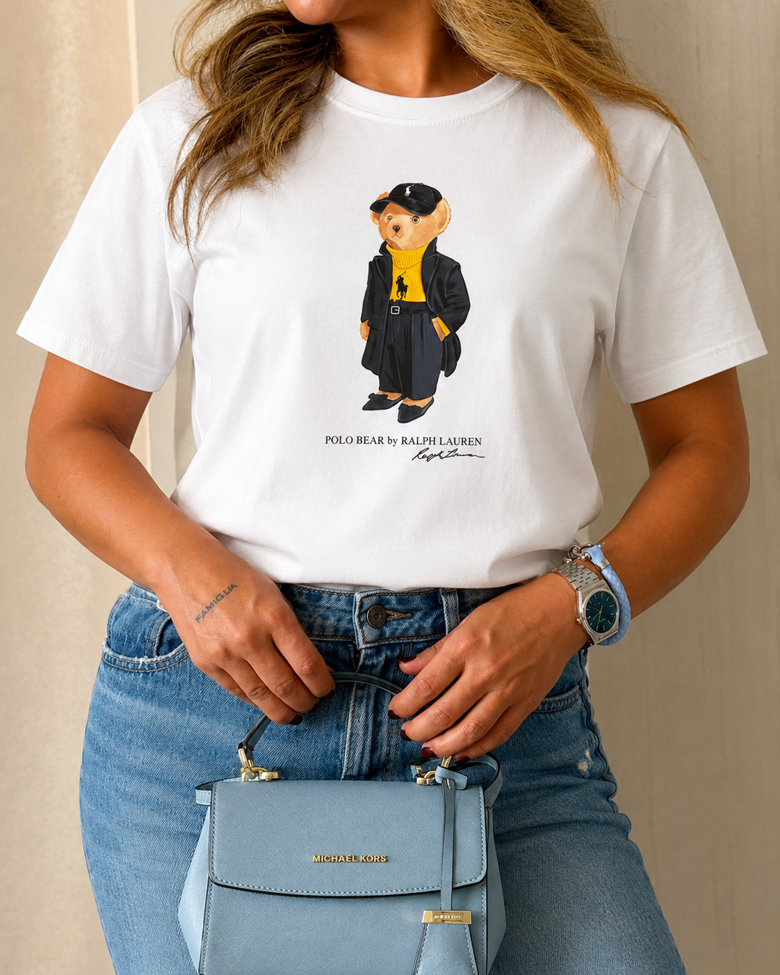 Women TEDDY BEAR T-SHIRT WHITE Black Coat (New)